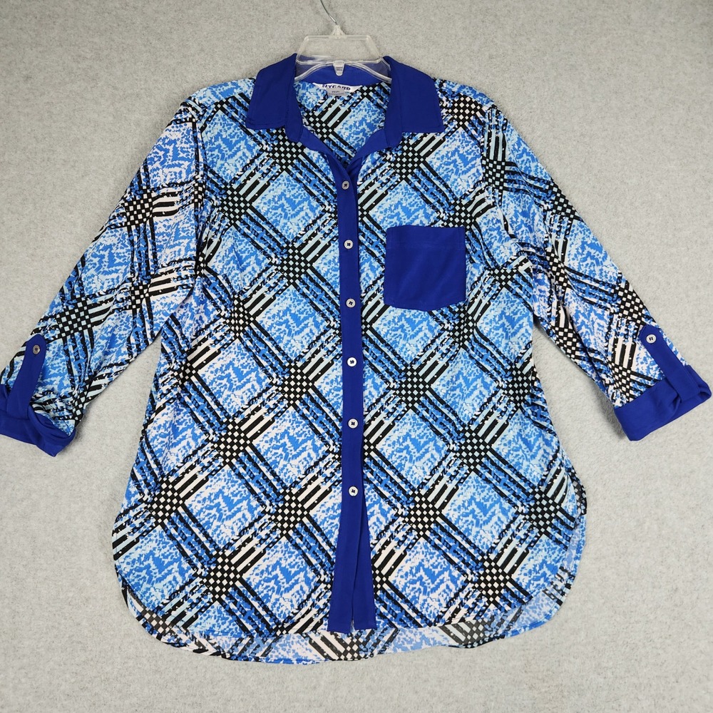 Nygard Tunic Top Womens Medium Blue Plaid Roll Tab Sleeve Stretch Button Up